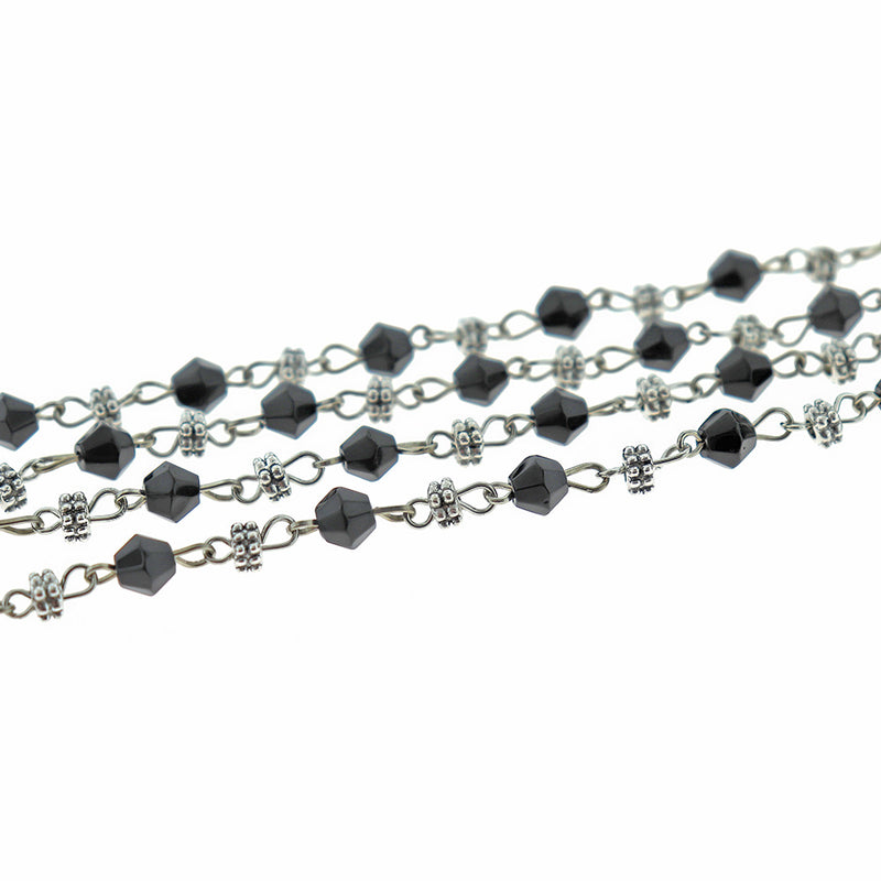 BULK Beaded Rosary Chain - 6mm Bicone Black Glass & Antique Silver Tone - 3.3ft or 1m - RC034