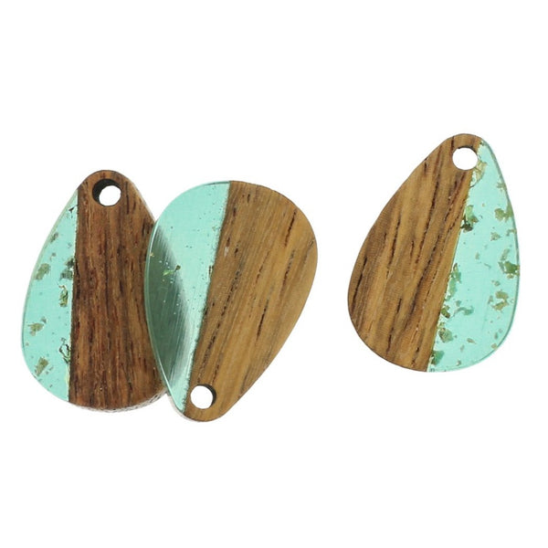2 Teardrop Natural Wood and Turquoise and Gold Swirl Resin Charms 21mm - WP374
