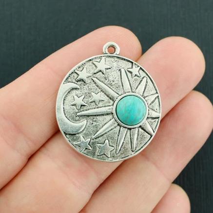BULK 10 Crescent Moon and Sun Antique Silver Tone Charms with Imitation Turquoise - SC3986