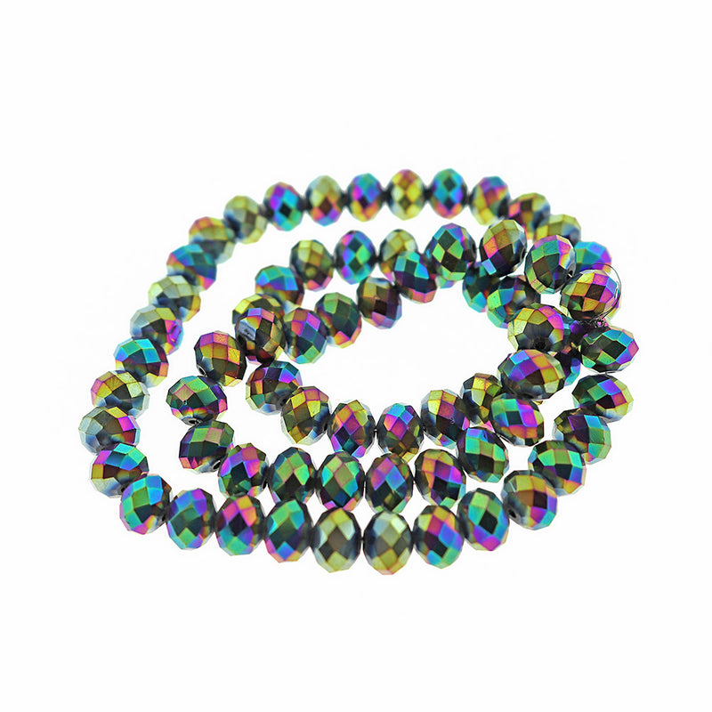 Faceted Rondelle Glass Beads 10mm x 7mm - Electroplated Rainbow - 1 Strand 70 Beads - BD2559