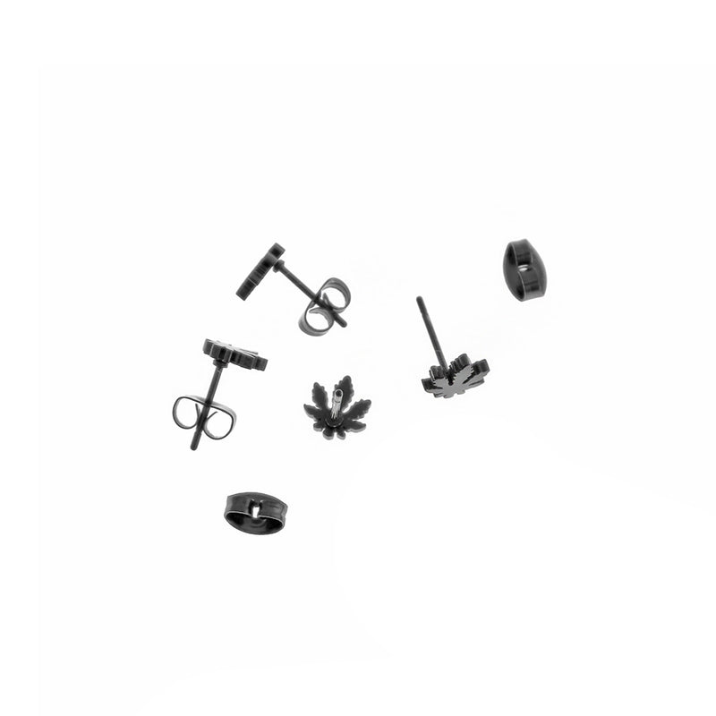 Gunmetal Black Stainless Steel Earrings - Weed Leaf Studs - 7mm - 2 Pieces 1 Pair - ER432
