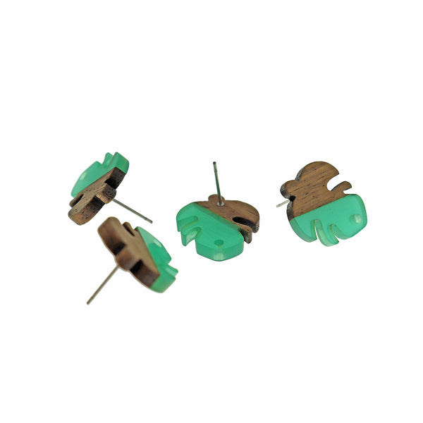 Wood Stainless Steel Earrings - Sea Green Resin Leaf Studs - 19.5mm x 17mm - 2 Pieces 1 Pair - ER761