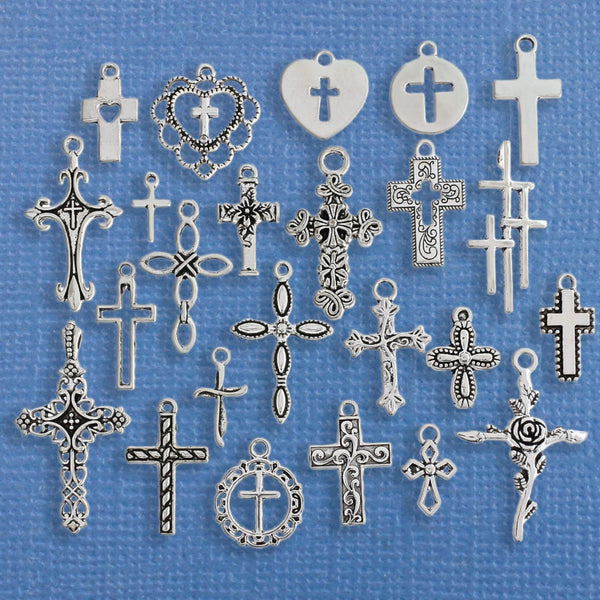 Deluxe Cross Charm Collection Antique Silver Tone 24 Different Charms - COL258