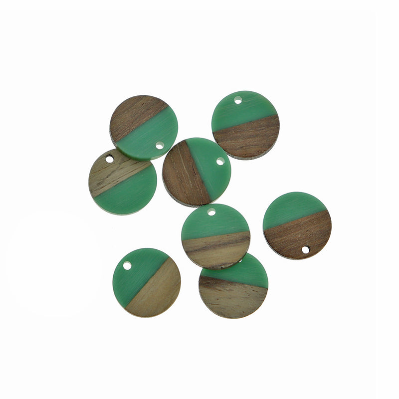 2 Round Natural Wood and Sea Green Resin Charms 18mm - WP100