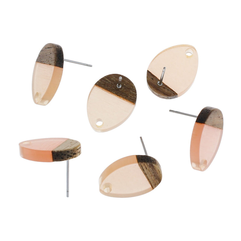 Wood Stainless Steel Earrings - Transparent Pink Resin Teardrop Studs - 17mm x 13mm - 2 Pieces 1 Pair - ER297
