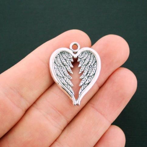 BULK 30 Angel Wing Heart Antique Silver Tone Charms - SC6133