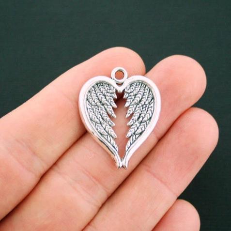 6 Angel Wing Heart Antique Silver Tone Charms - SC6133