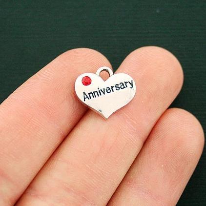 SALE 4 Anniversary Heart Antique Silver Tone Charms 2 Sided With Inset Rhinestones - SC6701