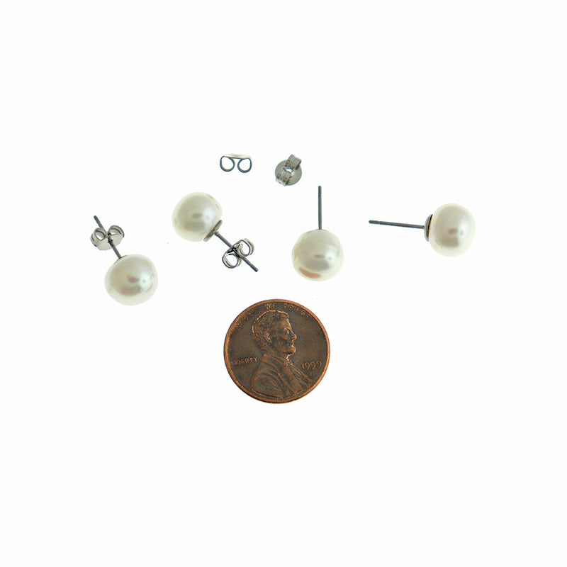 Natural Pearl Stainless Steel Earring Studs - 1 Pair - Choose Your Size!