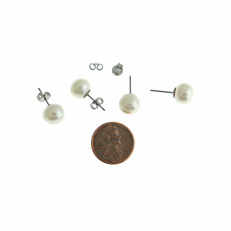 Natural Pearl Stainless Steel Earring Studs - 9mm - 2 Pieces 1 Pair - ER600