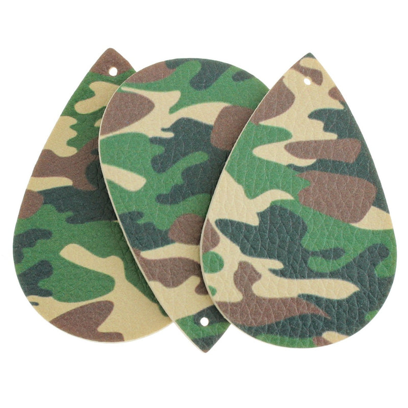 Imitation Leather Teardrop Pendants - Green Camouflage - 4 Pieces - LP246