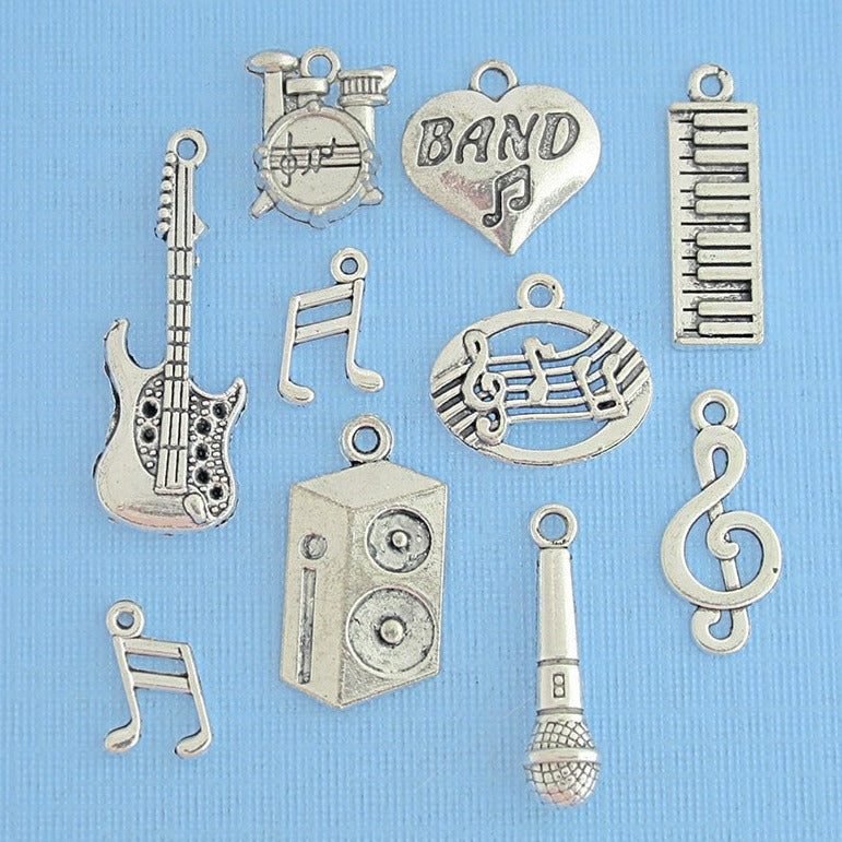 Rock and Roll Charm Collection Antique Silver Tone 10 Different Charms - COL104