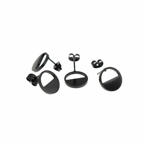 Black Tone Stainless Steel Earrings - Half Circle Studs - 12mm - 2 Pieces 1 Pair - ER811