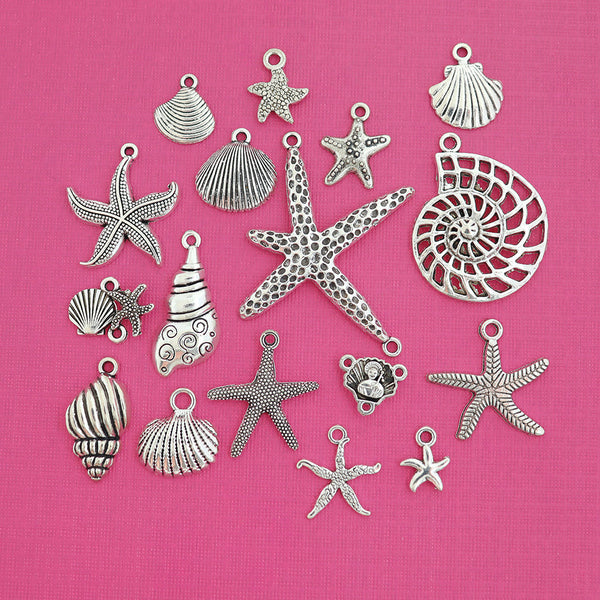 Seashell Charm Collection Antique Silver Tone 17 Charms - COL372H