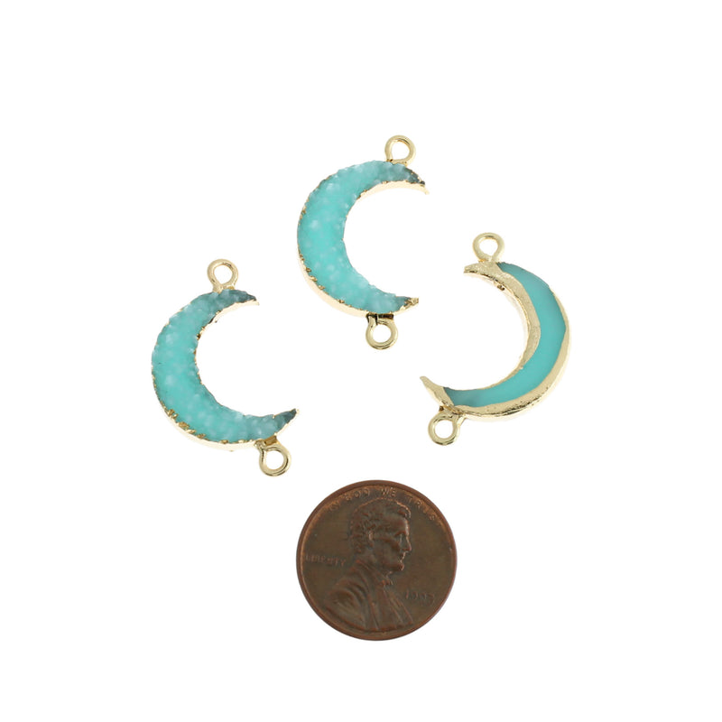 2 Turquoise Crescent Moon Connector Druzy Gold Tone Resin Charms - K482