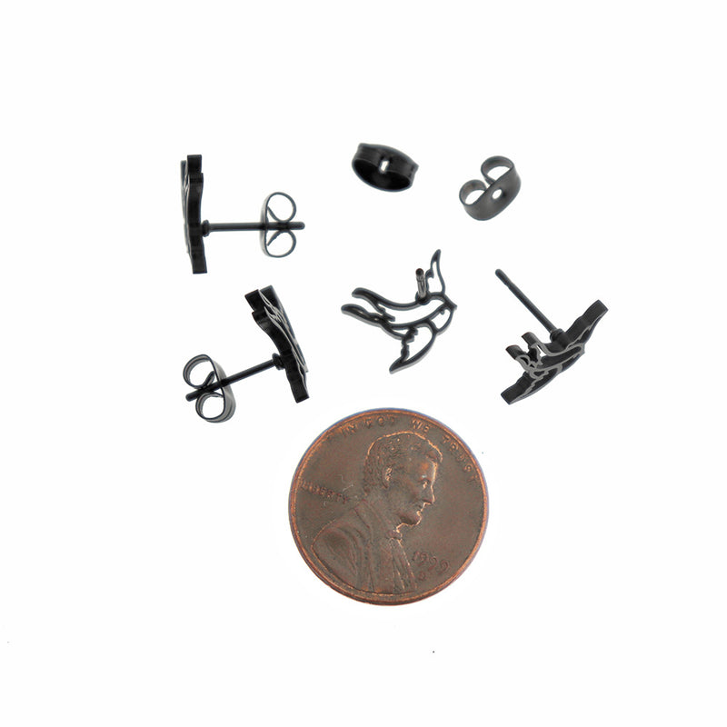 Boucles d'oreilles en acier inoxydable ton noir - Clous d'hirondelle - 13 mm x 11 mm - 2 pièces 1 paire - ER809