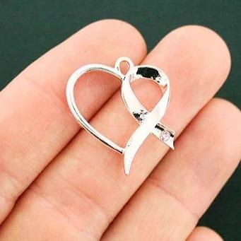4 Awareness Ribbon Heart Charms Silver Tone With Inset Rhinestone - SC374
