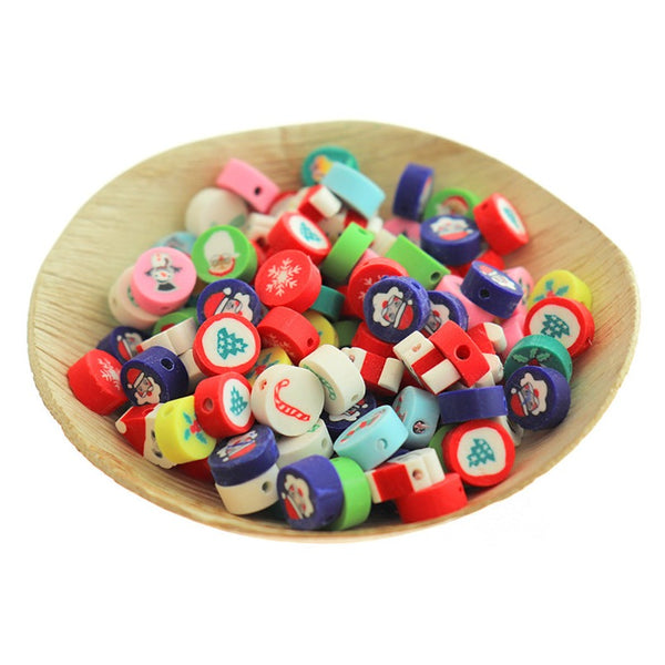 Flat Round Polymer Clay Beads 10mm x 5mm - Assorted Christmas - 25 Beads - BD676