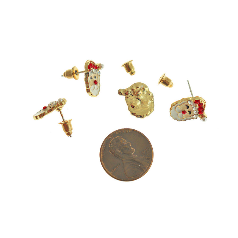 Gold Tone Earrings - Santa Claus Enamel Studs With Inset Rhinestones - 13mm x 10mm - 2 Pieces 1 Pair - ER792