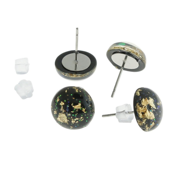 Resin Stainless Steel Earrings - Black and Gold Studs - 12mm - 2 Pieces 1 Pair - ER327