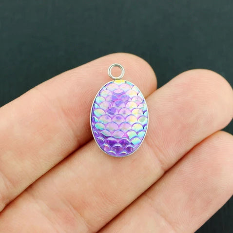 4 Mermaid Scale Oval Stainless Steel Cabochon Charms - Z752