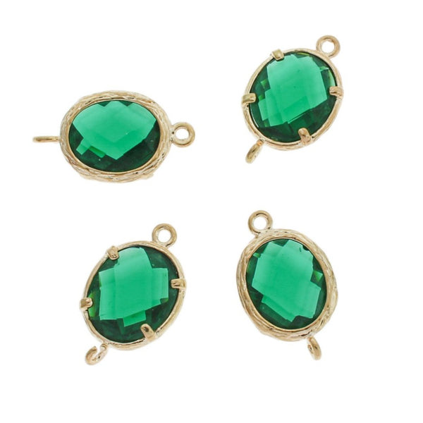 4 Emerald Green Glass Pendant Gold Tone Connector Charms - GP24