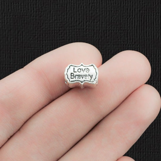 Love Bravely Spacer Beads 11.5mm x 8mm - Antique Silver Tone - 8 Beads - SC3120