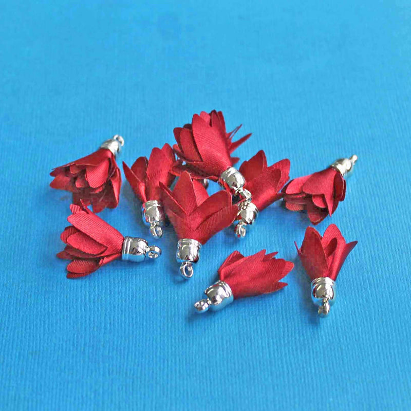 Polyester Tassels with Cap - Red and Silver Tone - 5 Pieces - Z355
