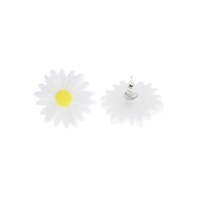 Silver Tone Earrings - White Flower Studs - 18mm - 2 Pieces 1 Pair - ER256