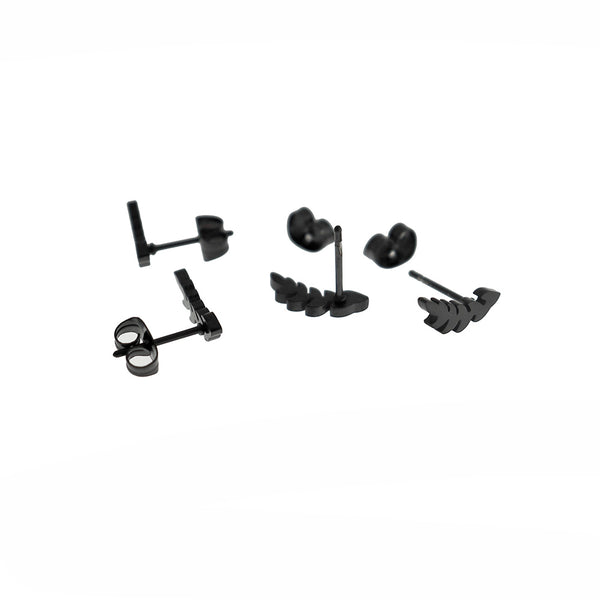 Black Tone Stainless Steel Earrings - Leaf Studs - 12mm x 4mm - 2 Pieces 1 Pair - ER917