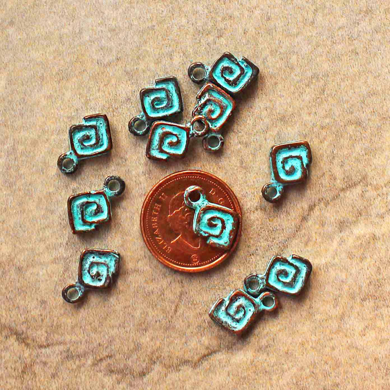 4 Geometric Swirl Antique Copper Tone Mykonos Charms with Green Patina 2 Sided - BC1570