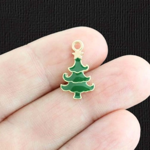 4 Christmas Tree Gold Tone Enamel Charms - E1452