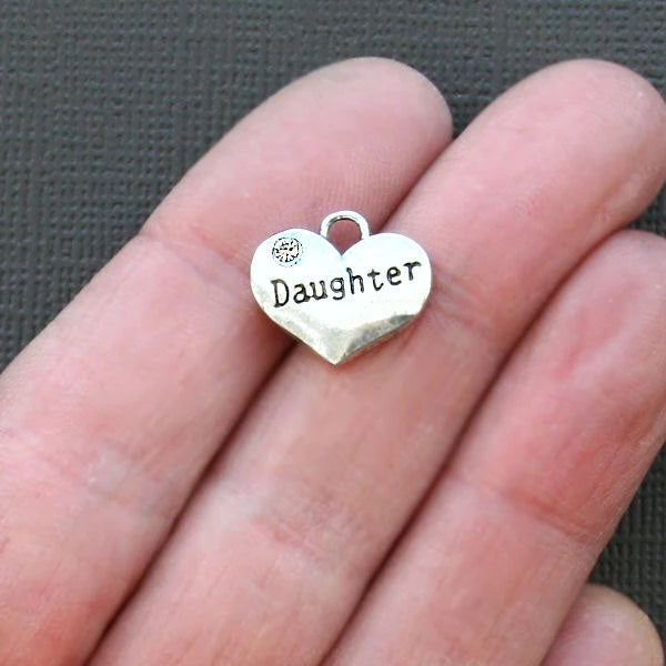 4 Daughter Heart Antique Silver Tone Charms 2 Sided with Inset Rhinestones - SC2010