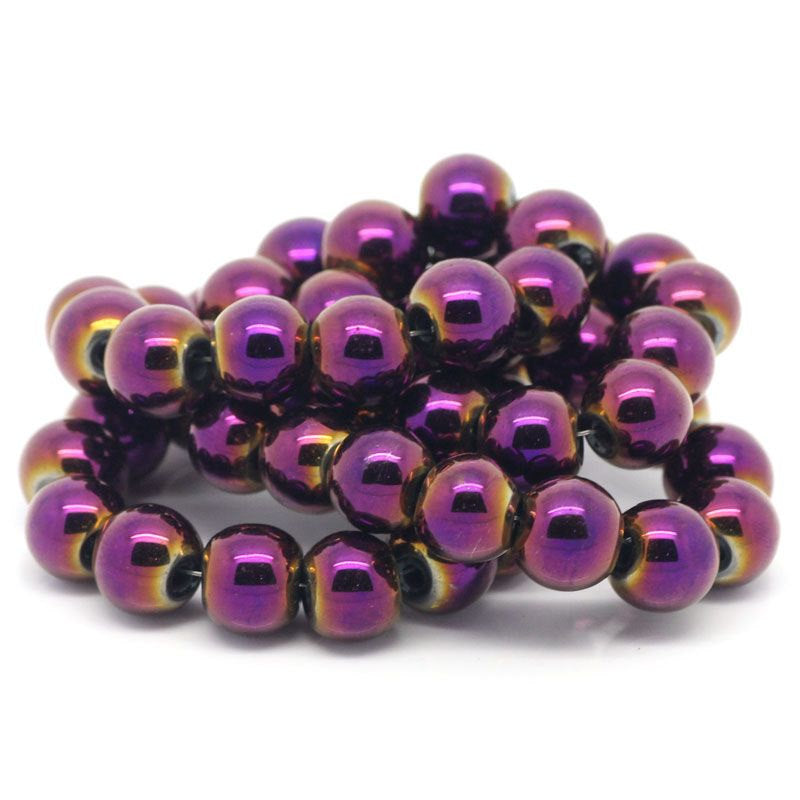 Round Hematite Gemstone Beads 8mm - Purple Gold - 1 Strand 53 Beads - BD311