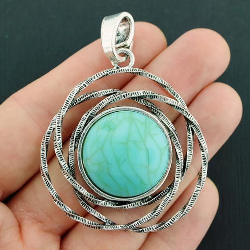 Spiral Antique Silver Tone Charm With Imitation Turquoise - SC3263