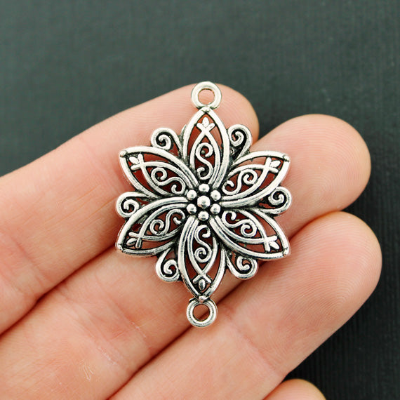 4 Flower Connector Antique Silver Tone Charms - SC116