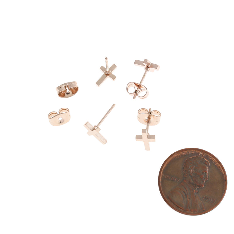 Rose Gold Stainless Steel Earrings - Cross Studs - 8mm x 5mm - 2 Pieces 1 Pair - ER397