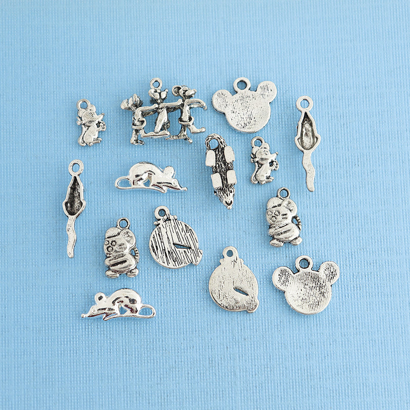 Mouse Charm Collection Antique Silver Tone 14 Charms - COL305