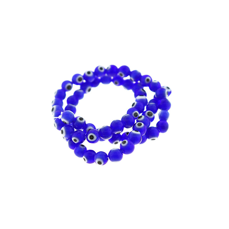 Perles de Verre Rondes 6mm - Mauvais Œil Bleu et Blanc - 1 Rang 64 Perles - BD2334