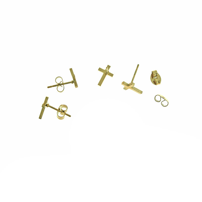 Gold Stainless Steel Earrings - Cross Studs - 9mm x 7mm - 2 Pieces 1 Pair - ER387