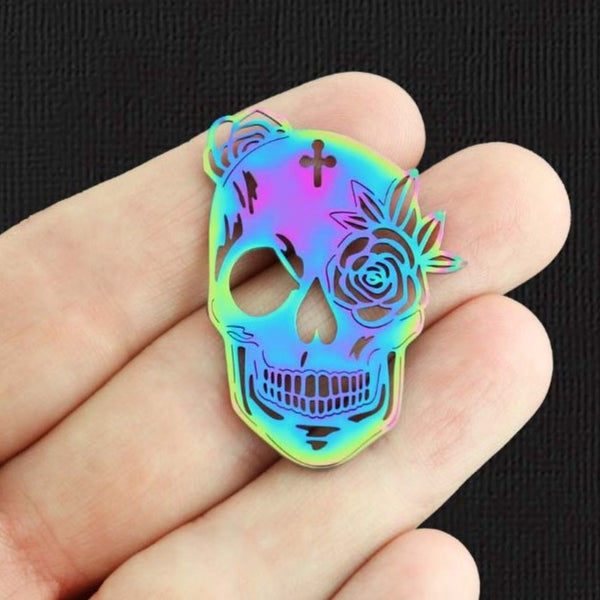Floral Skull Rainbow Electroplated Stainless Steel Charm 2 Sided - SSP482