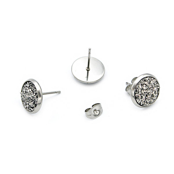 Silver Druzy Earrings - Stainless Steel Stud - 14mm - 2 Pieces 1 Pair - Z1657