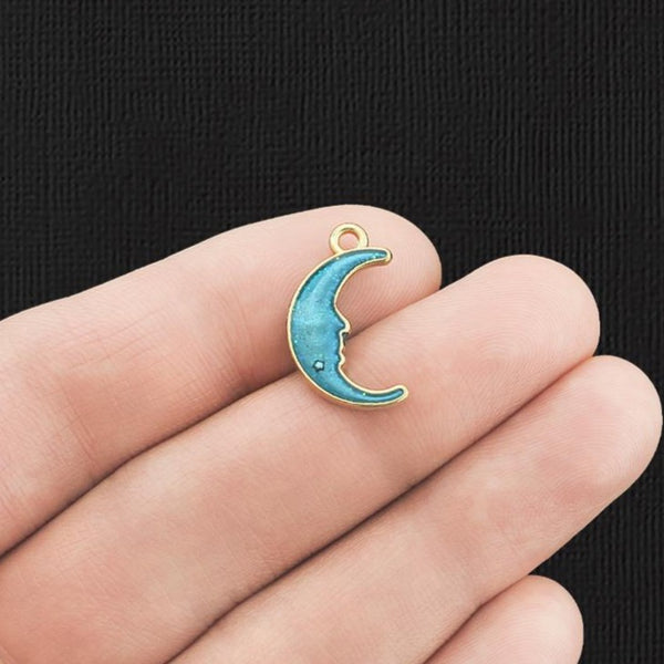 5 Blue Crescent Moon Gold Tone Enamel Charms 2 Sided - E1132