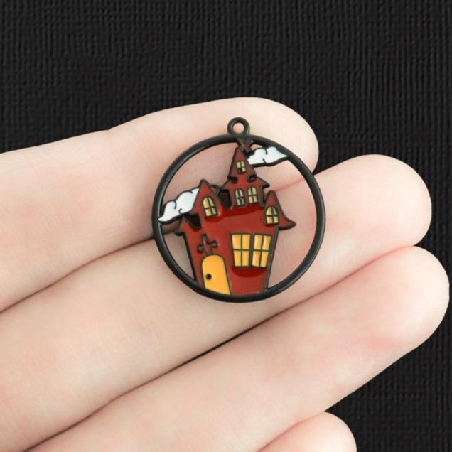 2 Haunted House Black Enamel Charms - E1330