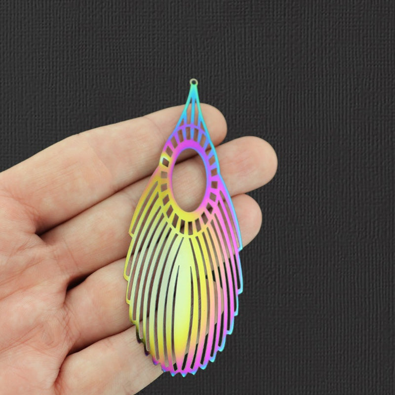 2 Feather Rainbow Electroplated Stainless Steel Charms 2 Sided - SSP204