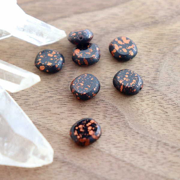 Oval Czech Pressed Glass Beads 10mm x 9mm - Polished Black Speckled Orange - 6 Beads - CB349