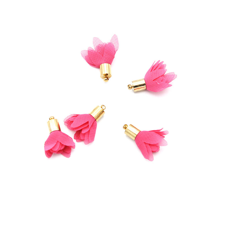 Chiffon Flower Blossom Tassel 29mm - Hot Pink and Gold Tone - 6 Pieces - TSP177