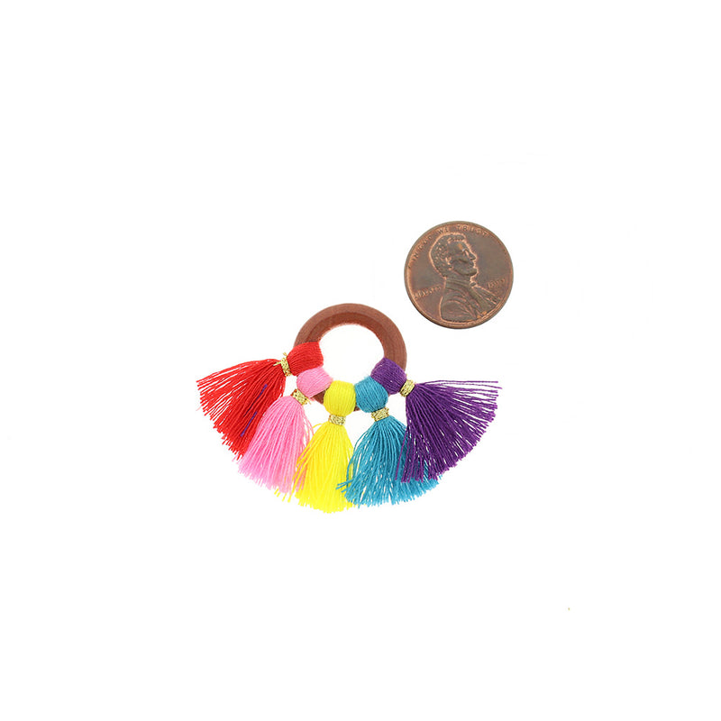Fan Tassels - Natural Wood and Rainbow - 2 Pieces - TSP034
