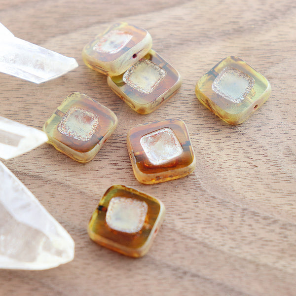 Square Czech Pressed Glass Beads 14mm - Picasso Transparent Ombre - 2 Beads - CB073