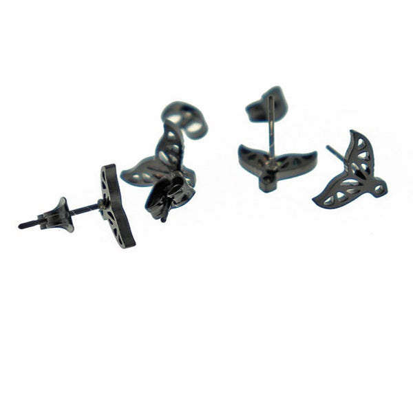 Gunmetal Black Stainless Steel Earrings - Whale Tail Studs - 10mm x 8mm - 2 Pieces 1 Pair - ER476